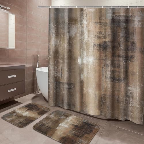 ArtSocket Brown Bathroom Set with Shower Curtain and Rugs Accessories,