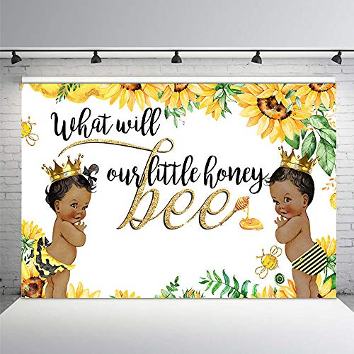 MEHOFOTO 7x5ft Bee Gender Reveal Party Decorations Backdrop Yellow Little Honey Bee Sunflower Boy or Girl Baby Shower Photography Background Photo Banner for Dessert Table Supplies 4