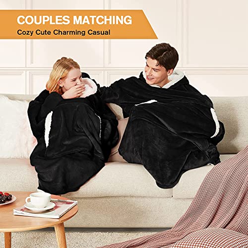 yescool Oversized Wearable Blanket Hoodie, Flannel Sherpa Fleece Blanket Sweatshirt for Adults Women Men, Big Plush Cozy Hooded Blanket with Hood, Pocket & Sleeves, One Size Fits All (Black) - Image 3