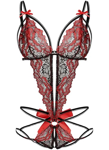 Image of Donnalla Women's Deep V Lace Teddy One Piece Lingerie Cutout Strappy Lingerie