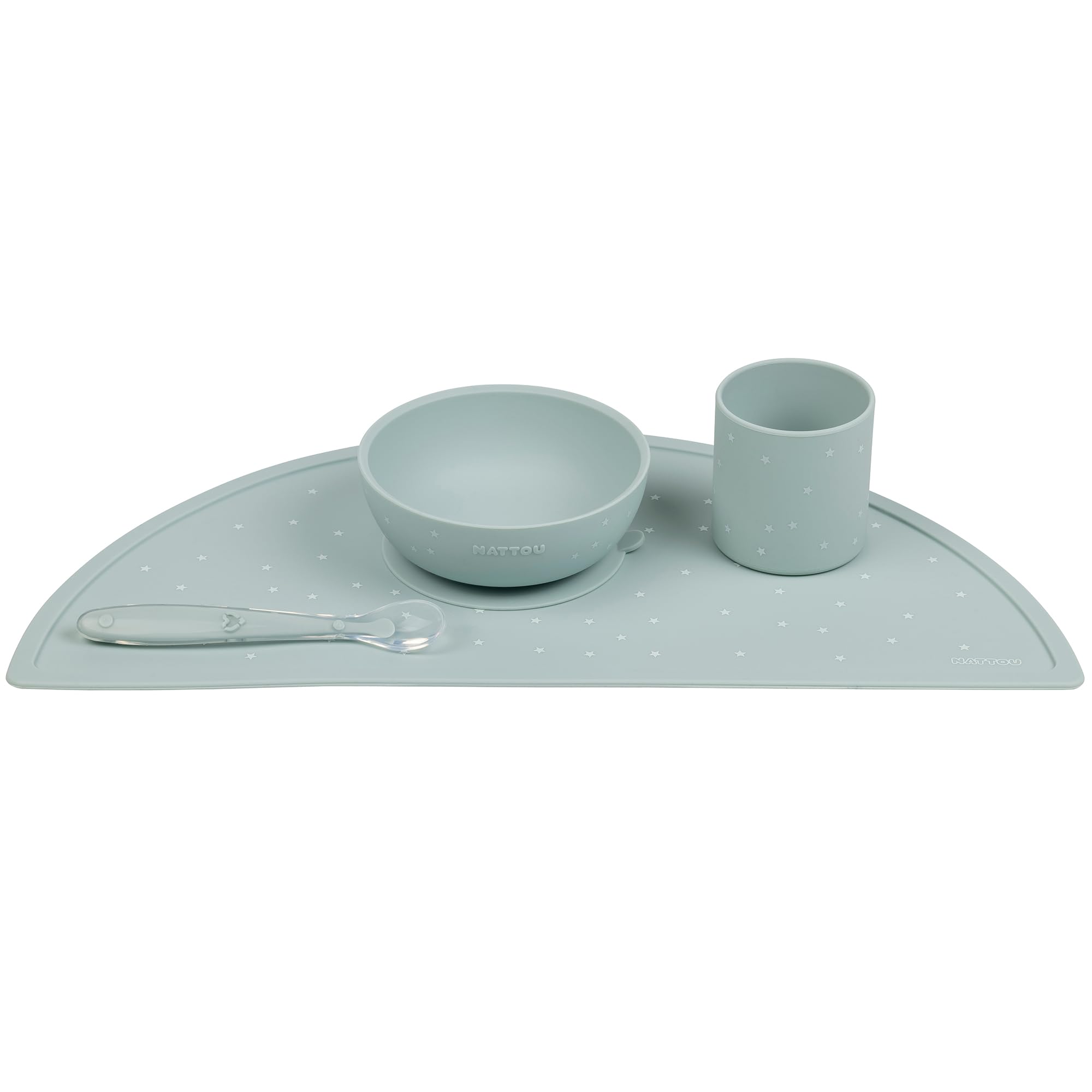 Nattou Vajilla Infantil de Silicona, 4 Piezas, 1 Cuchara, 1 Bol con Tapa, 1 Taza para Beber, 1 Mantel Individual, Sin BPA, Silicona, Verde