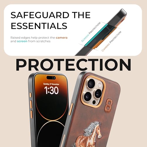Image of PULOKA - Mobile Cover Compatible for iPhone 16 Pro- Horse Embroidery - Sleek & Stylish - Protective & Anti Scratch Phone Cover Vegan Leather Back Case - Men & Women - Santa Barbara Polo (Brown)