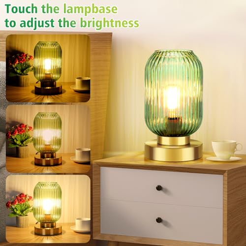Ledikon Touch Control Mid Century Modern Table Lamp,3 Way Dimmable Green Glass Table Lamp For Nightstand thumb #2