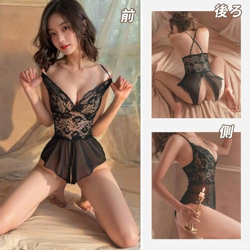 [PEREFEVU] 女性用 セクシーボディースーツ 股開き 穴開き式 キャミソール 脱がずに カップル刺激 深Vネック 変態 レース 透け感 胸の露出 尻の露出 裸の背中 エロティックランジェリー コスプレ 制服誘惑 大胆 アダルトコスチューム 情熱 過激 黒色 Tバック パジャマ ナイトウェア セクシーインナー, ブラック 4 - 画像2