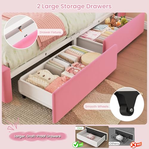 Image of DICTAC Twin Size Bed Frame for Girls with Storage Drawers, Bookcase Headboard, LED Lights and Power Outlets, Diamond Tufted Velvet Upholstered Princess Platform Bed, Heavy-Duty Metal Support, Pink