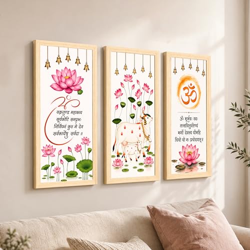 Image of Pichwai Wall Art Painting With Mantra Set of 3 Framed Posters for Living Room, cow & Lotus Painting, Vastu Wall Art Home Decor for Livingroom, Bedroom, Hallways, Office, Hotel (Size-24x48 cm)