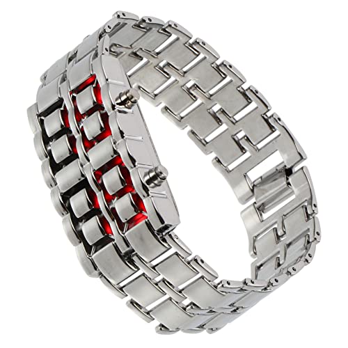 WOFASHPURET Ledウォッチ メンズ レトロチェーンデジタルウォッチ 赤色led表示 男性向け ファッションアクセサリー なブレスレット型 時計 ビジネス カジュアル用