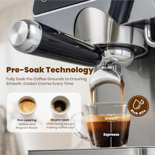 Image of Expresso Coffee Makers with Touch Screen 20 Bar, Professional Coffee Maker with Milk Frother and Hot Water, Stainless Steel Coffee Maker for American Cappuccino Latte, for Office Use in