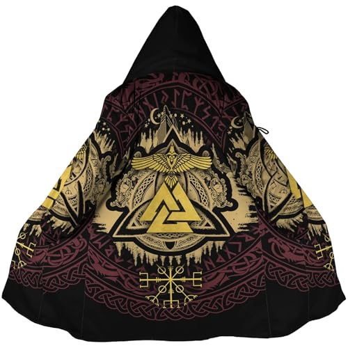 Viking Unisex Winter Cloak 3D Print Valaknut Odin Raven Coats with Hood, Thermal Fleece-Lined Relaxed Hip Hop Jacket