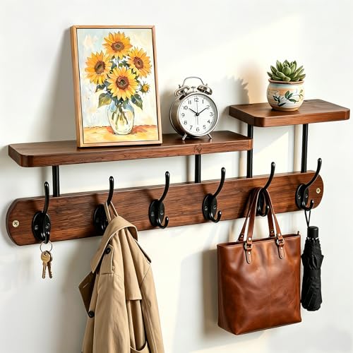 Qivra Porte Manteau Mural, 59 * 18cm Porte Manteau Mural 6 Crochets avec Etagere en Bois, Portemanteau Mural Vintage pour Entrée, Chambre, Salle de Bain et...