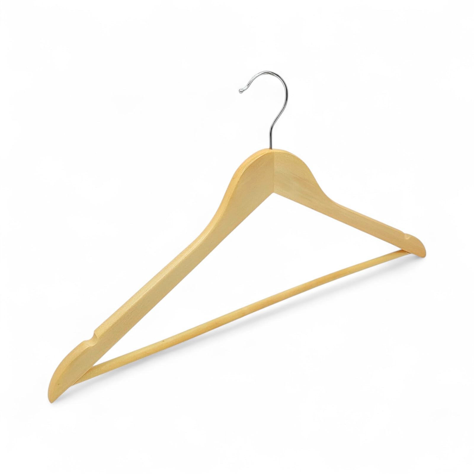 100x Maple Wooden Clothes Hangers 44.5cm with Bar & Notches | Flat Adult Wardrobe Hangers with 360° Swivel Chrome Hook | Space Saving Maple Hangers for Suits, Jackets, Trousers, Skirts & Shirts