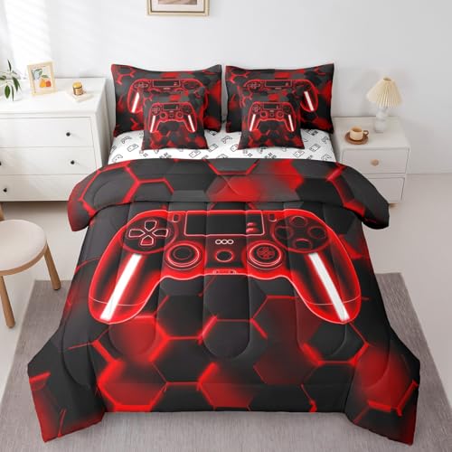 Gamer Bed Set Includes Comforter, Sheet Set, Pillowcases & Pillow Covers Gaming 7 Piece Bedding Set for Kids Boys Girls Room Decor Red and Black Game Console Bed in a Bag Twin Gamepad Honeycomb