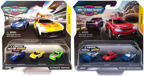 Micro Machines Series 2 & 3 Twin Packs - 6 Car Bundles - (0191 Ultimate Exotics #9 & 0011 Micro Police Chase #07)