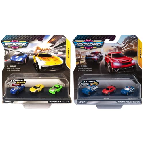 Micro Machines Series 2 & 3 Twin Packs - 6 Car Bundles - (0191 Ultimate Exotics #9 & 0011 Micro Police Chase #07) #TOP14