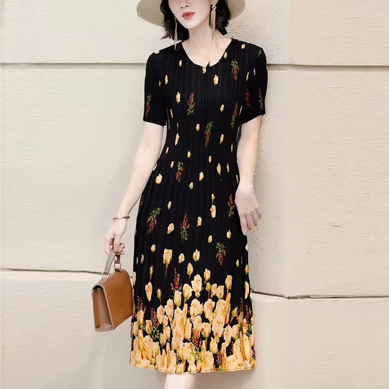 Robe midi florale extensible et douce, coupe ajustée à manches courtes