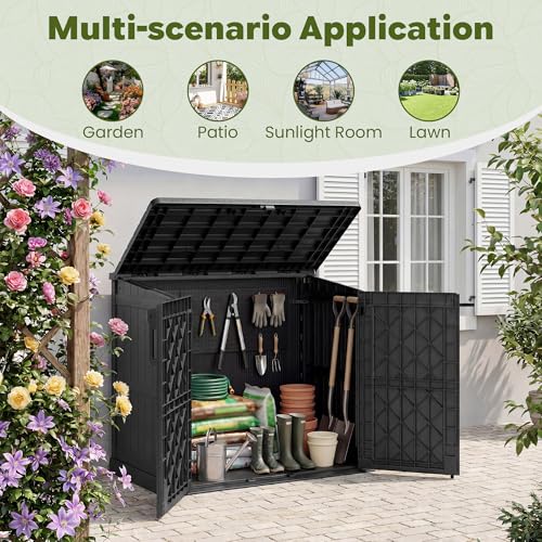 Image of LHBcraft Waterproof Outdoor Storage Box 36 Cu Ft,Portable Horizontal Resin Storage Shed with Lockable Doors,Outdoor Storage Cabinet for Patios