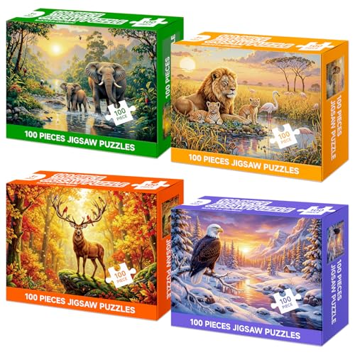 4 Packs 100 Piece Puzzle, Lions Elephants Deer Eagle 100