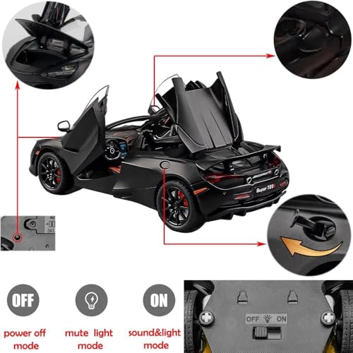Image of WORSHIPER 1:24 Scale McLaren 720S Die-Cast with Openable Doors, Pullback Action, Lights & Sounds � Luxury Sports Car Collectible for Kids & Adults (1:24 McLaren 720S-Black Color)