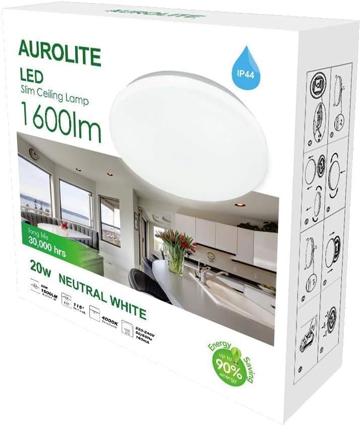 Super Slim LED Semi Flush Ceiling Light, 20W 1600Lm, Natural White (4000K), IP44, Ideal for Living Room, Bedroom, Kitchen, Hallway, Bathroom