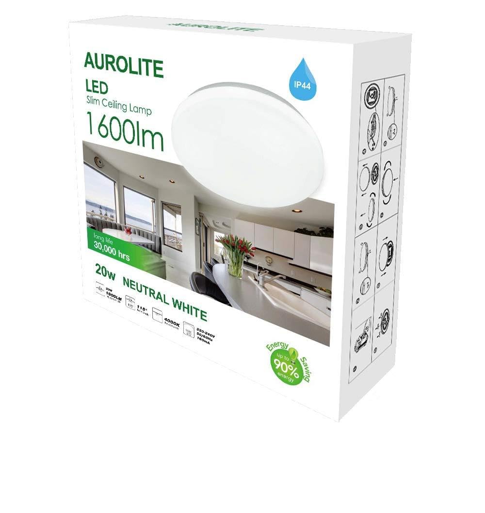 Super Slim LED Semi Flush Ceiling Light, 20W 1600Lm, Natural White (4000K), IP44, Ideal for Living Room, Bedroom, Kitchen, Hallway, Bathroom [Energy Class A+]