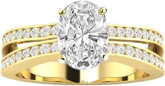 Houston Diamond District LAB GROWN DIAMOND Contemporary Double Row Split Shank Oval Cut Diamond Engagement Ring (G-H Color VS2-SI1 Clarity 2 Ct Center)