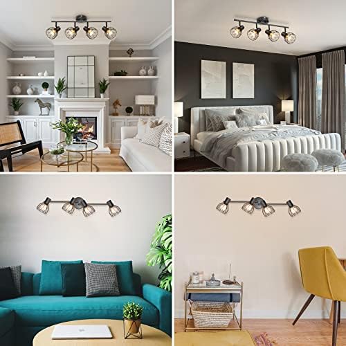 Kimjo 4 Way Ceiling Spotlight Rotatable, Spot Light Ceiling Black Wire Cage Wall Spot Bar Lighting Industrial, Kitchen Ceiling Lighting Indoor for Lounge Bedroom Hallway, E14 Base (No Bulbs)