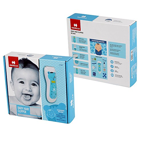 Image of Havells BC1001 Rechargeable Baby Hair Clipper with hypoallergenic ceramic blade, Ultra-quiet, IPX5 Waterproof haircut kit for kids, infants, boys (Blue)