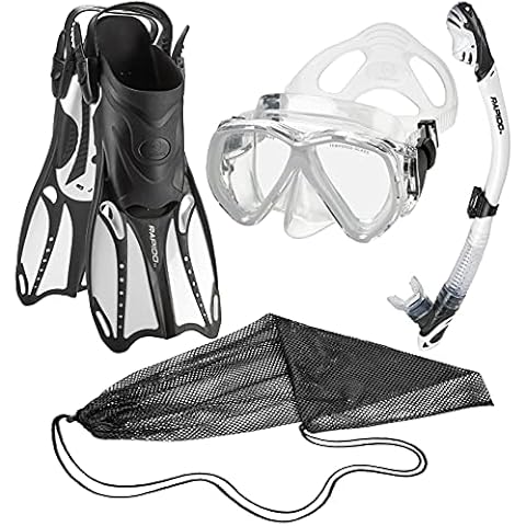 Phantom Aquatics Rapido Adult Mask Fin Snorkel Set, Panoramic View Snorkel Mask, Dry Snorkel, Snorkeling Fins + Travel Bag (White, ML/XL, us: 9/11 - EU: 42/45) Cover
