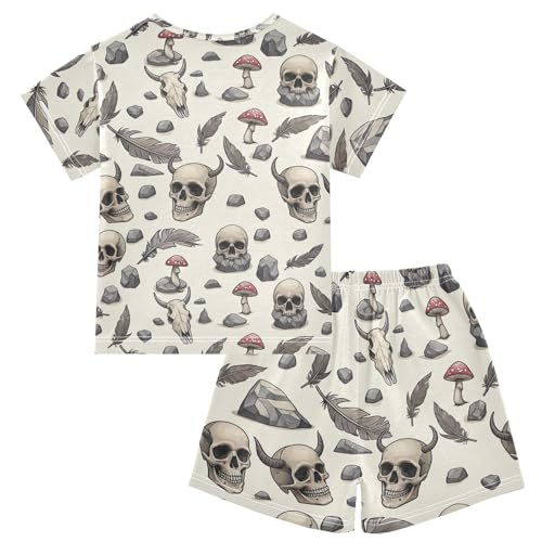 CHIFIGNO Feather Skulls Summer Pajamas Set, Short Sleeve Soft Pj's with Pocket, Ages 52
