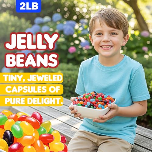 Jelly Beans – 2 lb Bulk Bag | Assorted Flavors: Strawberry Orange, Blue Raspberry, Watermelon, Grape, & Apple | Perfect for Candy Lovers, Parties, Easter & Gifting