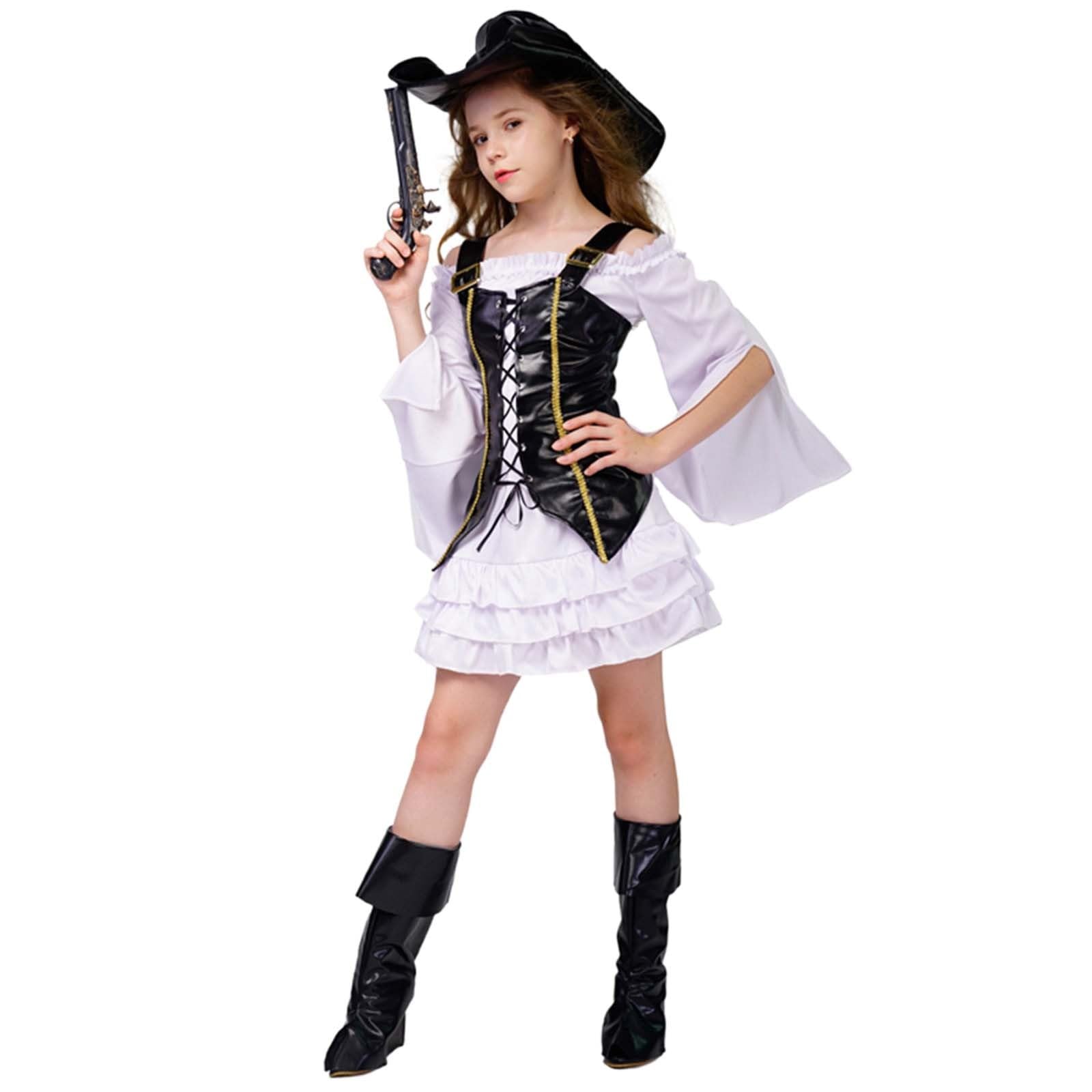Vestiti Bambina Costume Pirata Completo con Cappello E Stivali Poliestere Elastico Disponibile Nero Bianco Ideale per Eventi Marinareschi E Feste Autunnali