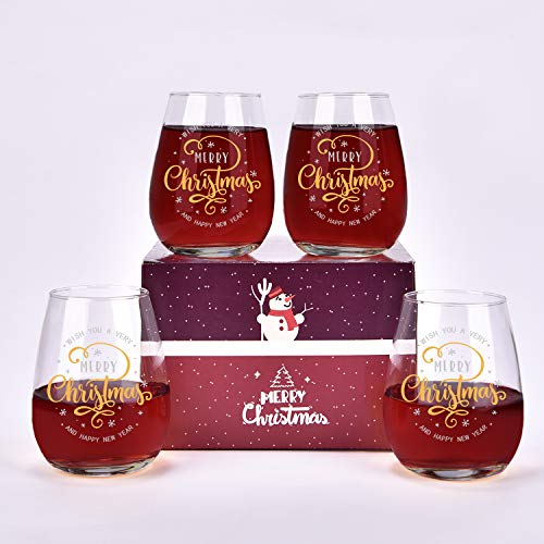 Wish You A Merry Christmas and Happy New Year Stemless Wine Glass Set, Stemless Wine Glasses for Women Friends Men Christmas Wedding Party, Set of 4