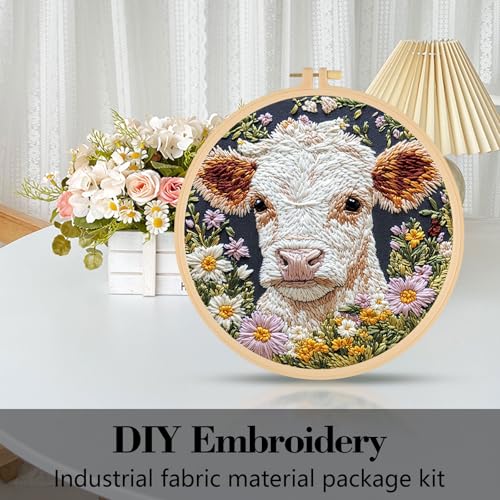 Image of GLLBTPT Embroidery Kit for Adults Beginner - Cartoon Cow with Daisy Flower DIY Embroidery Set, Includes Printed Cloth, Cotton Thread Pack, Frame & Instructions