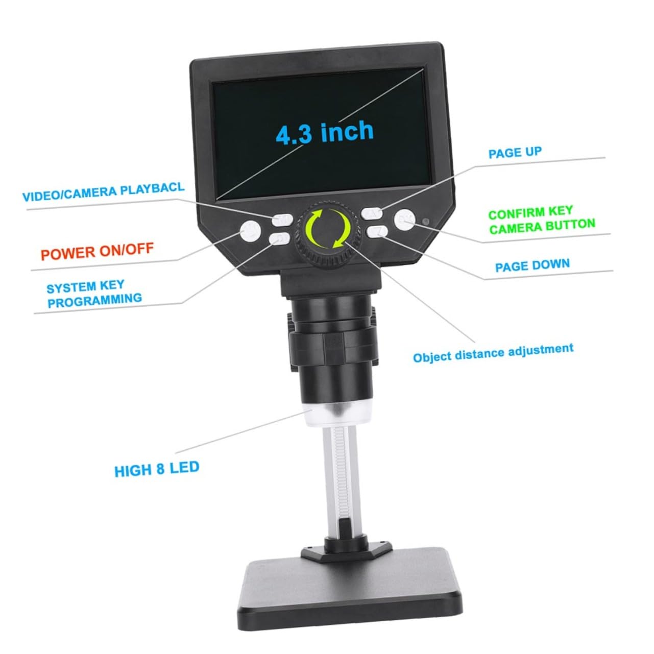 Tofficu Microscopio Electrónico Digital Aumento Led Soporte De Aluminio y Plástico Zoom Batería De Litio