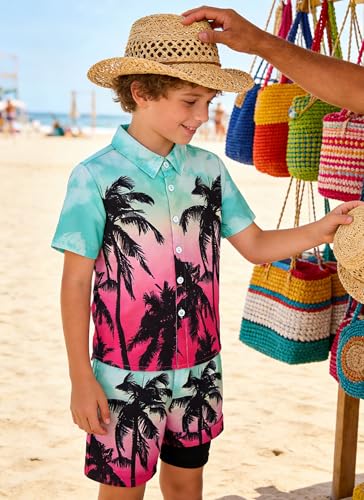 Image of UNICOMIDEA Boys Hawaiian Outfits Tropical Print Button Down Shirt + Swim Trunks 2 Piece Sets for 5-12T Kids