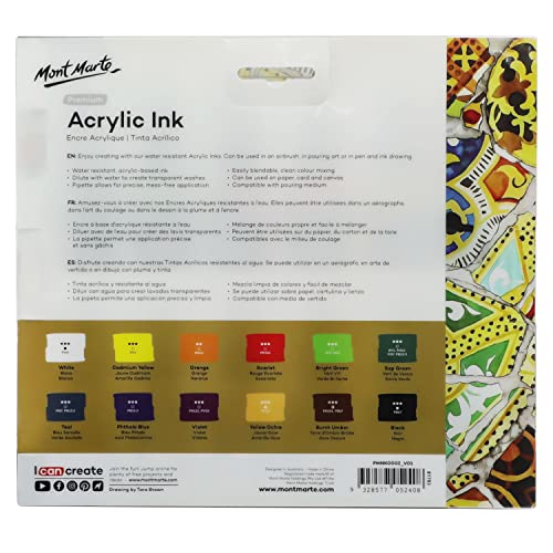 Mont Marte Acrylic Ink Premium 12Pc X 20Ml (0.7 Us Fl.oz), Acrylic Inks For Artists, Essential Colors, Ideal For Air Brush, Pouring Art, Scrapbooking, Ink Drawing, Mixed Media #TOP5