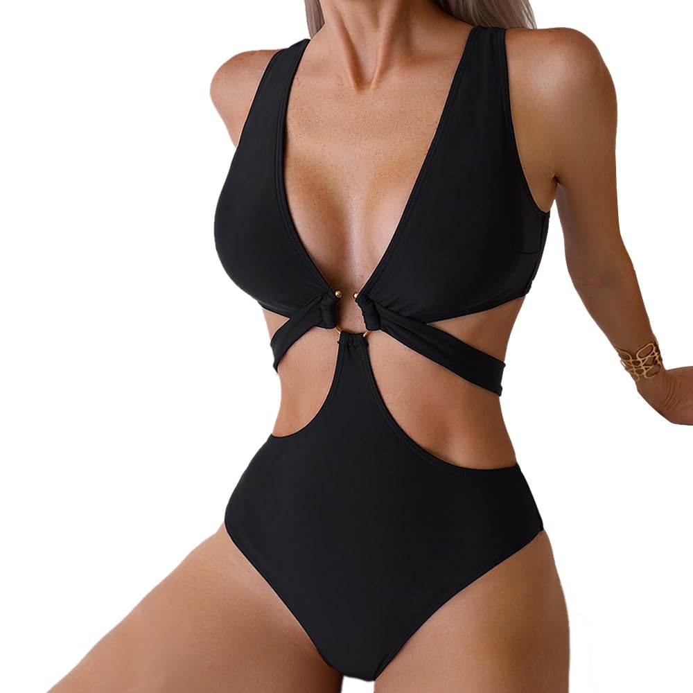 Womens Deep V Neck One Piece Swimsuit O-Ring Swimwear Sexy Cut Out Bathing Suit
