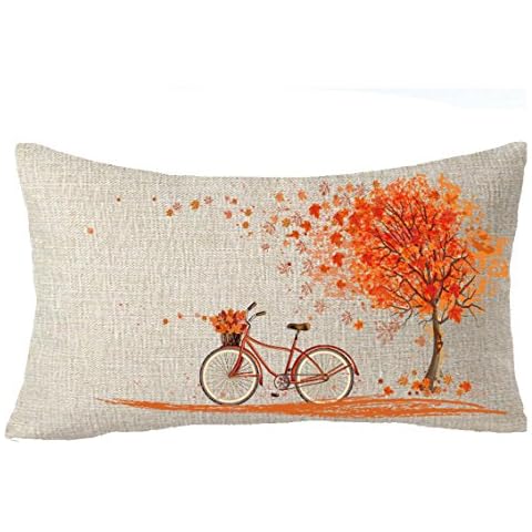 FELENIW Happy Autumn Fall Big Tree Maple Leaf Bicycle Throw Pillow Cover Cushion Case Cotton Linen Material Decorative 12''x20'' Color 2 Cover