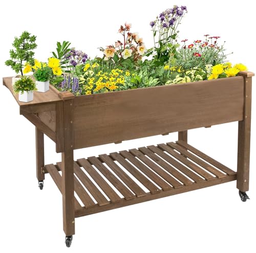 PetsCosset Raised Garden Bed with Wheels, Storage Shelf, Protective Liner, Table Ledge,Outdoor Garden Bed with Legs for Vegetable, Herb, and Flower Cultivation (with Wheels)