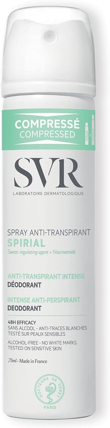 Svr Spirial - Compressed 48Hr Antiperspirant Deodorant, Normal To Excessive Sweating, Underarms, Hands, Feet. All Skin Types, Spray 75Ml