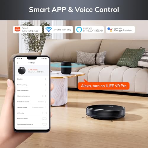 ILIFE V9 Pro Robot Vacuum and Mop Combo, Self Emptying Robot Vacuum Cleaner, 3000Pa Strong Suction, Gyro Navigation, App/Alexa/Remote Control, Works with 2.4G Wifi, Ideal for Hard Floors, Black