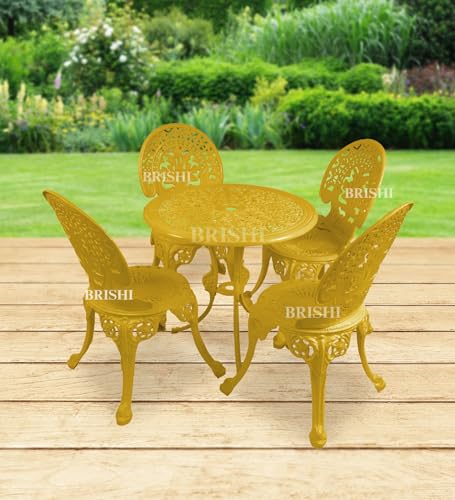 Image of BRISHI Cast Aluminium Garden Patio Seating Chair and Table Set for Balcony Outdoor Furniture with 1 Table and 4 Chair Set (Yellow)
