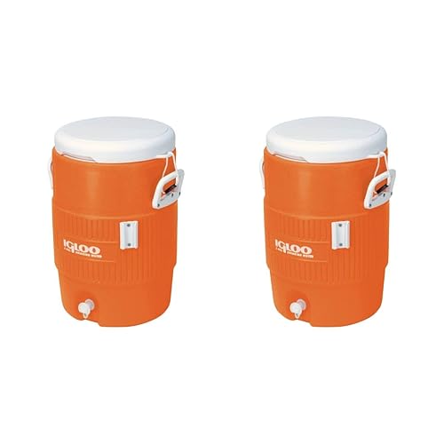 Igloo Enfriador de bebidas resistente de 5 galones, color naranja y juego de recogedor de goteo definitivo (juego de 2, 5 galones, naranja)