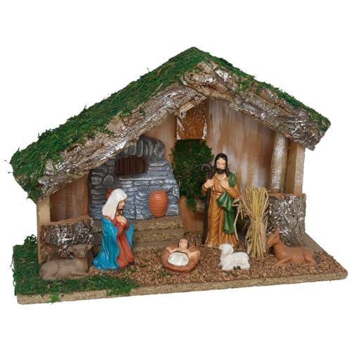 Acan Tradineur - Portal de Belén con 6 Figuras - Fabricado en Madera y Resina - Nacimiento, decoración Tradicional, Adorno, Navidad - 30 x 10 x 20 cm