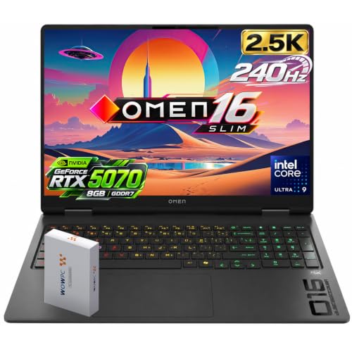 Image of HP OMEN Slim 16 Gaming Laptop, 16 inch WQXGA 240Hz IPS Display, Intel Core Ultra 9 285H, NVIDIA GeForce RTX 5070 8GB, 16GB DDR5 RAM, 1TB SSD + 500GB External, 4-Zone RGB Backlit Keyboard, Windows 11 Home