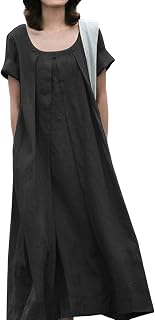 Vestido ligero por debajo de la rodilla para mujer, ajuste holgado, de verano, acampanado, cuello redondo, mangas cortas, color puro, plisado, suave, transpirable, negro, talla 3XL, Negro