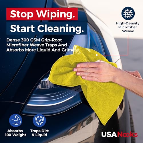Image of USANOOKS Microfiber Cleaning Cloth Yellow - 12 Pcs 12.5 inchx12.5 inch - High Performance - 1200 Washes, Ultra Absorbent Towels Weave Grime & Liquid for Streak-Free Mirror Shine - Car Washing Cloth