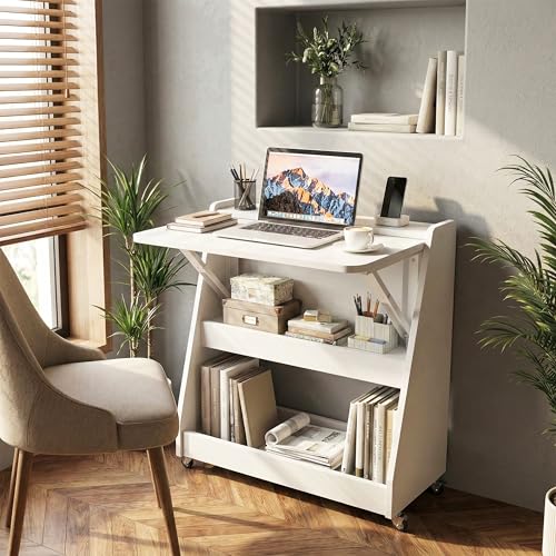 Image of Klaxon Foldable Study Table with Drawer & Storage Shelf | Compact Desk for Home & Students | Folding Design with Lockable Wheels. (Black, DIY Installation) (White, Mylo)