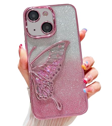 Image of mobistyle Designed for iPhone 14 Plus Cover with Glitter Cute Butterfly Electroplating Design Back Cover Case for Women Teen Girls (Pink)