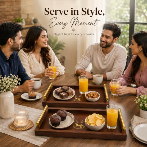 Image of Curated Cart Wooden Serving Tray with Handles - Pack of 2 - Eco-Friendly Rustic Tray for Serving Snacks, Coffee Table, Breakfast, Food, Small & Medium Size (Tray - Rectangle - 2P - Dark Brown)